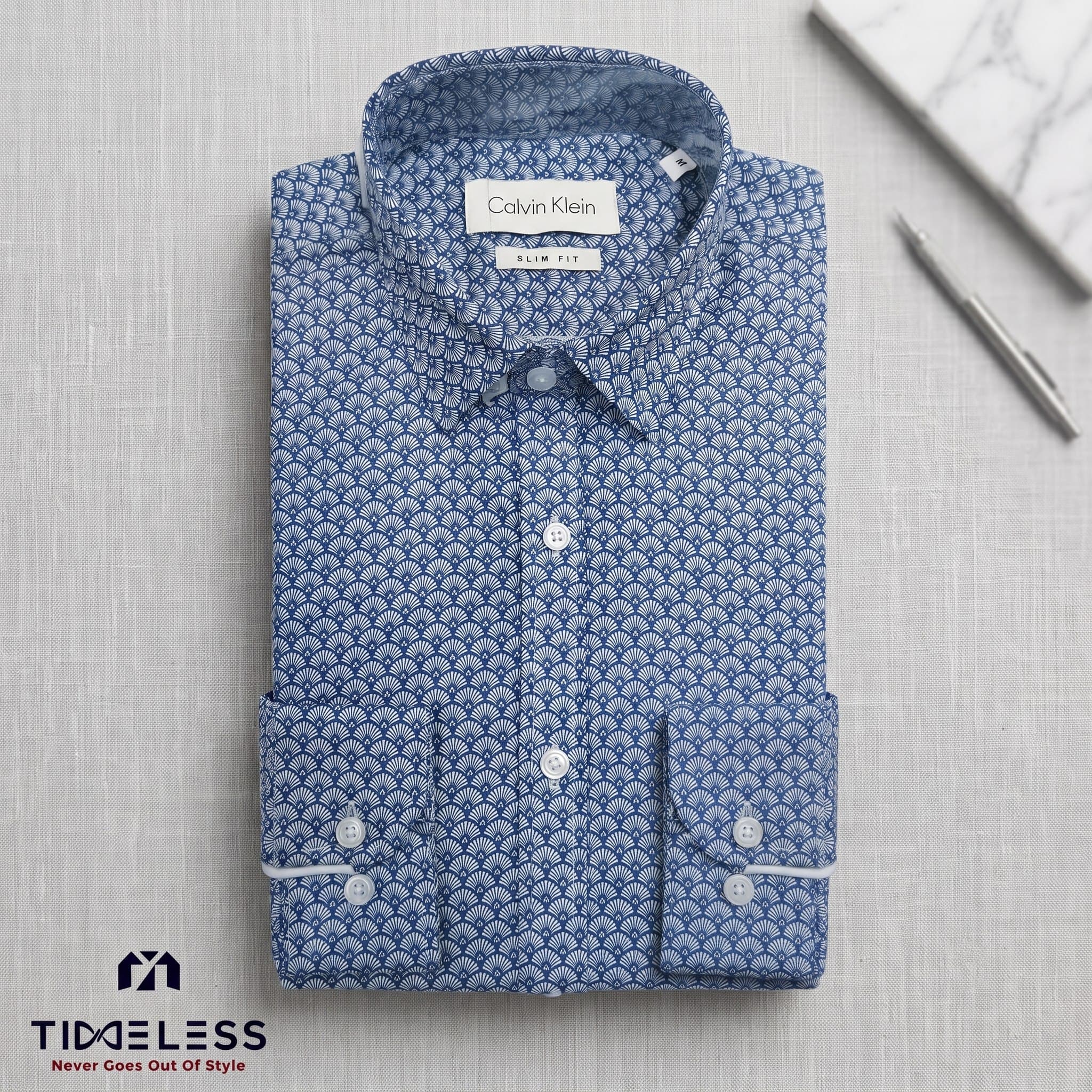 Denim Blue Scallop Print Formal Shirt